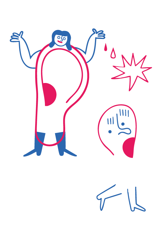 Ilustración de dos figuras humanas abstractas con forma de orejas; una sonríe con los brazos levantados, la otra parece triste, con formas de lágrimas y una forma puntiaguda cerca de la cabeza. Ambas están dibujadas en azul, rojo y blanco.